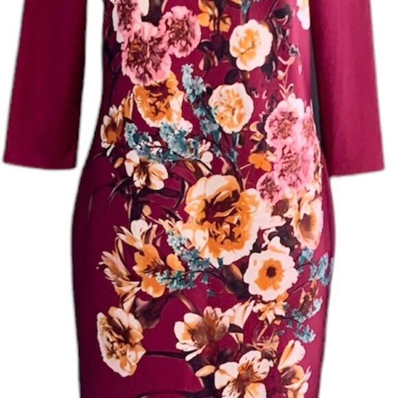 Worthington Maroon Floral Cropped Sleeve Scuba Midi Gold Side Zip Dress Size 12 - Picture 2 of 7